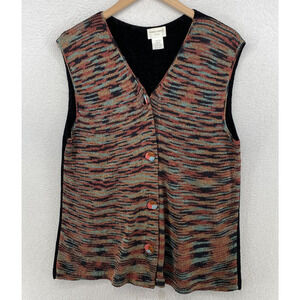 PAMELA PAPPAS New York Vest L Sweater Rayon Chenille Button Front Orange Black